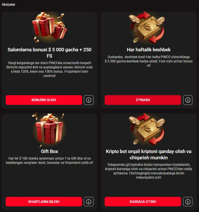 Pinco aksiyalar — cashback, turnirlar va VIP takliflar