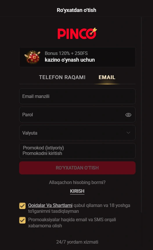 Pinco uz — e-mail orqali ro‘yxatdan o‘tish va hisobni tasdiqlash